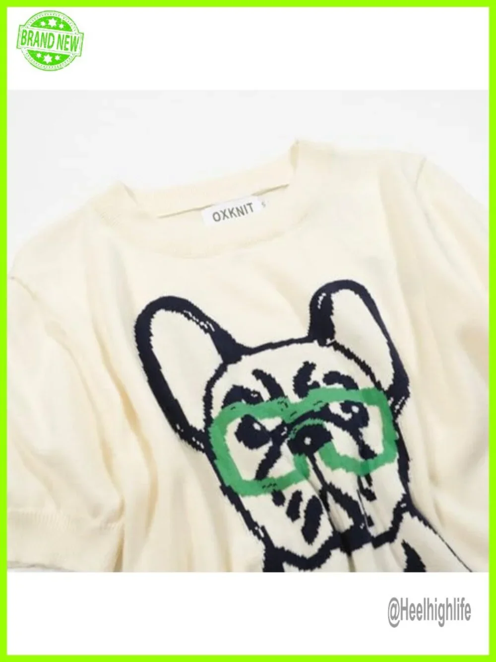 OXKNIT Women's Knitted T-Shirt Short Sleeve 1960s Mod Dog Pattern Crewneck